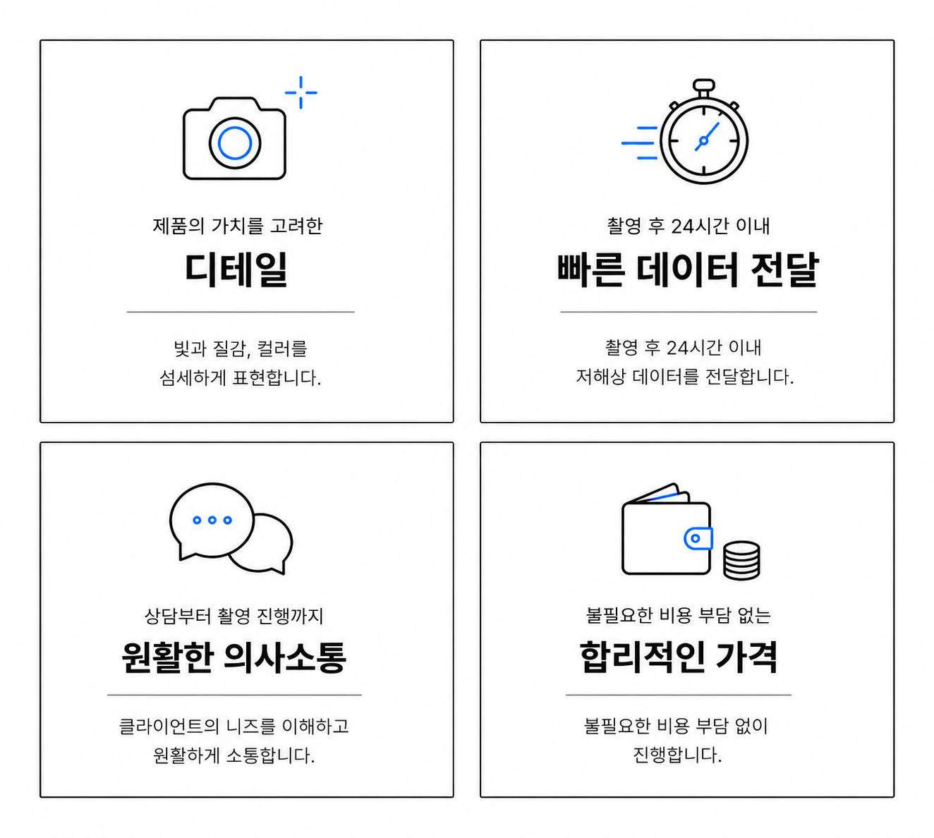 촬영 프로세스: 상담부터 촬영, 원본 전달, 리터칭, 작업 완료까지